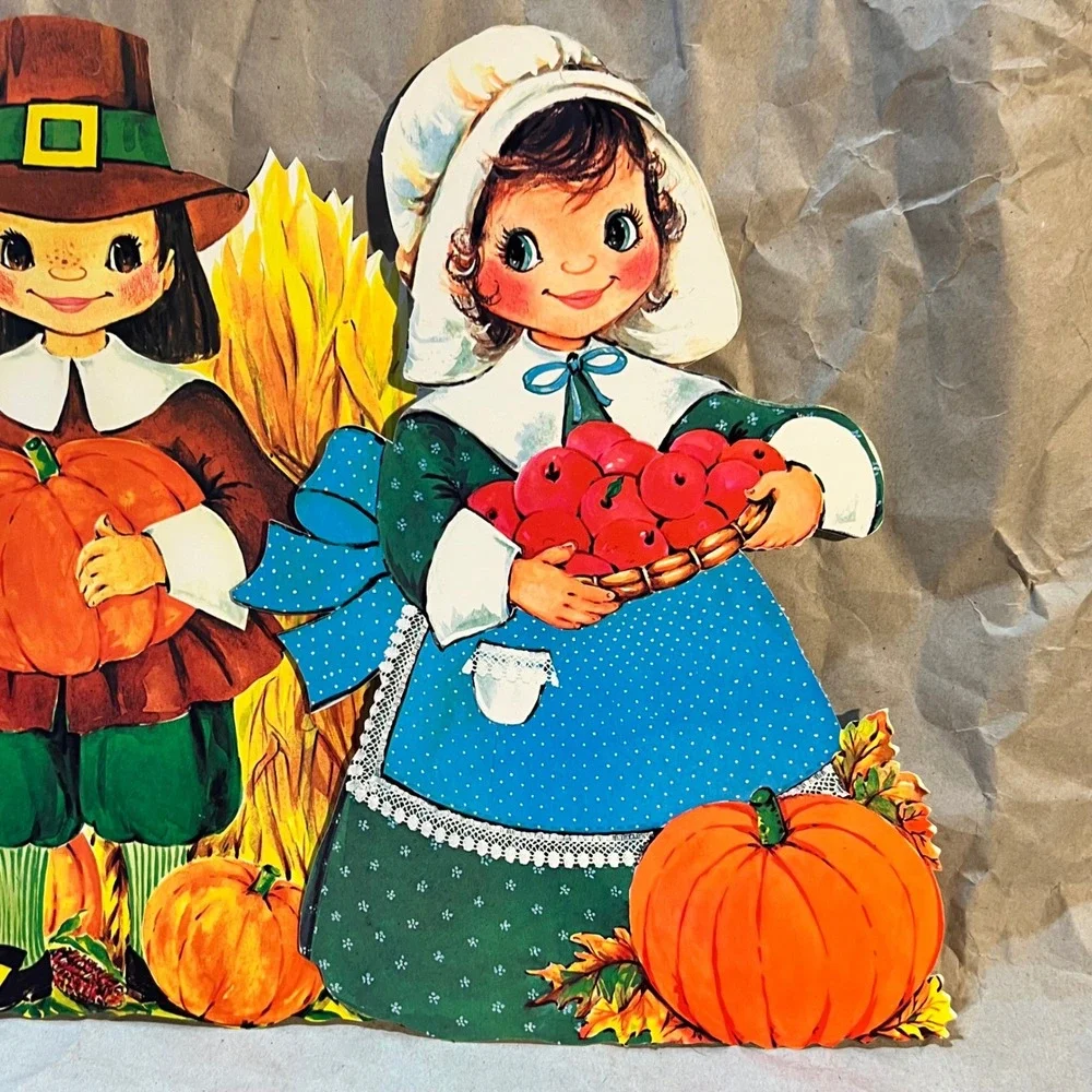Vintage Thanksgiving Paper Cutouts 3pc Set Pilgrim Boy Girl Turkey Multi-Color